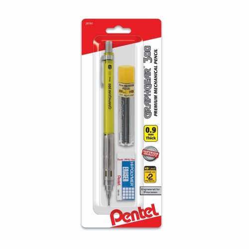 graphgear-300-mechanical-pencil-09mm-thick-line-assorted-barrels-with-small-block-eraser-1-refill-lead-tube-12-ea-tube-1-pk