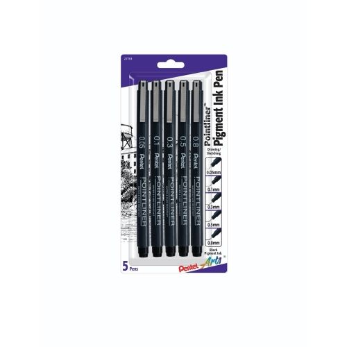 pentel-arts-pointliner-pen-5-pack-assorted-sizes-black-ink