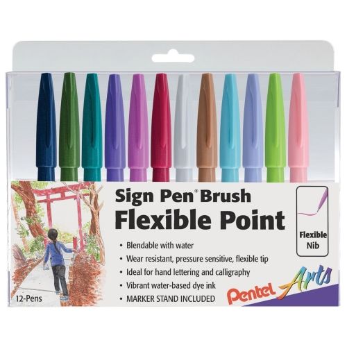 pentel-arts-sign-pen-brush-tip-assorted-colors-cad2d3v2p2b2n2e2s2s3kp3-12-pk-plastic-box