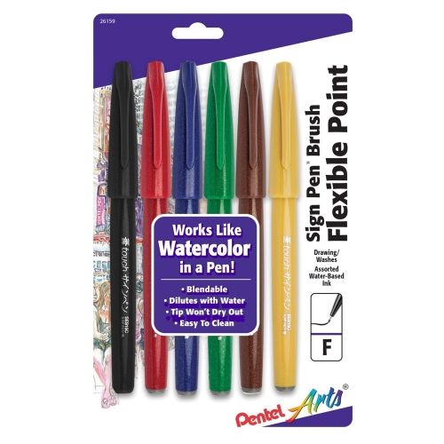 pentel-arts-sign-pen-brush-tip-assorted-colors-adfvsgcbepny-12-pk-plastic-box