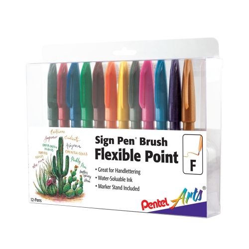 pentel-arts-sign-pen-brush-tip-assorted-colors-adfvsgcbepny-12-pk-plastic-box