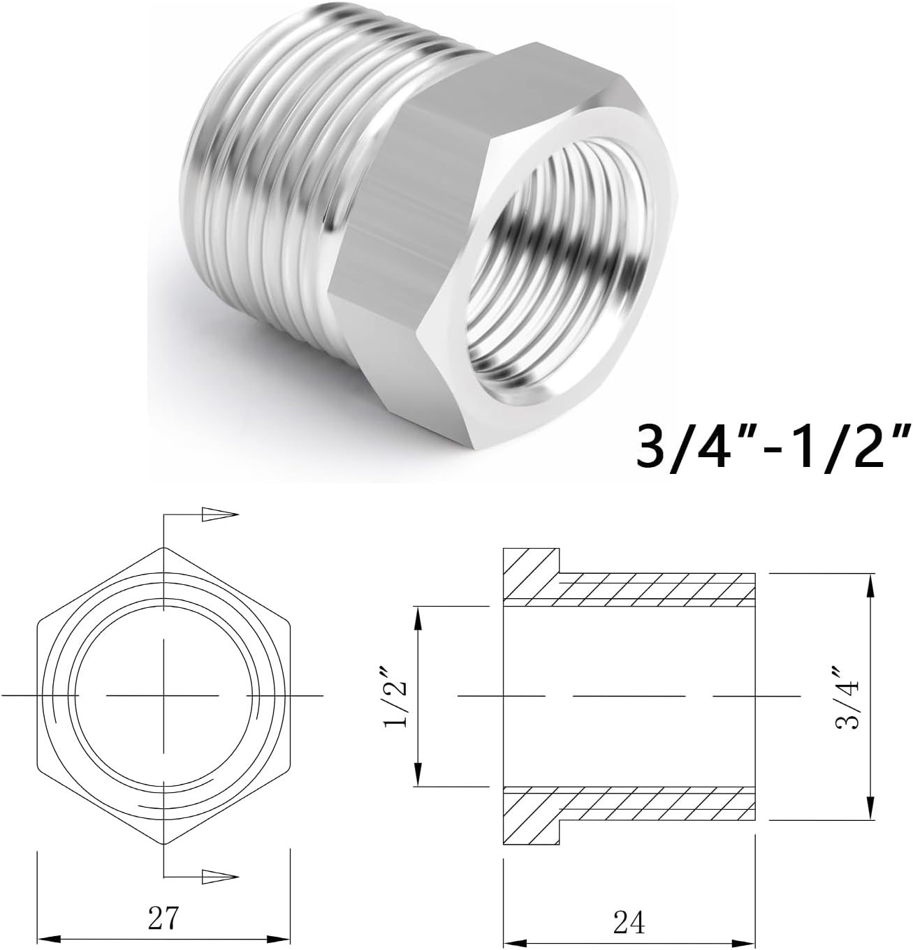 3/4" x 1/2" Reducer Bush, Used for Washing Machine | Dishwasher Hose Pipe Fitting Connector Adapter,Connecting Washing Machine | Dishwasher Pipe with Angle Valve,Connections for Water Pipes and Hoses