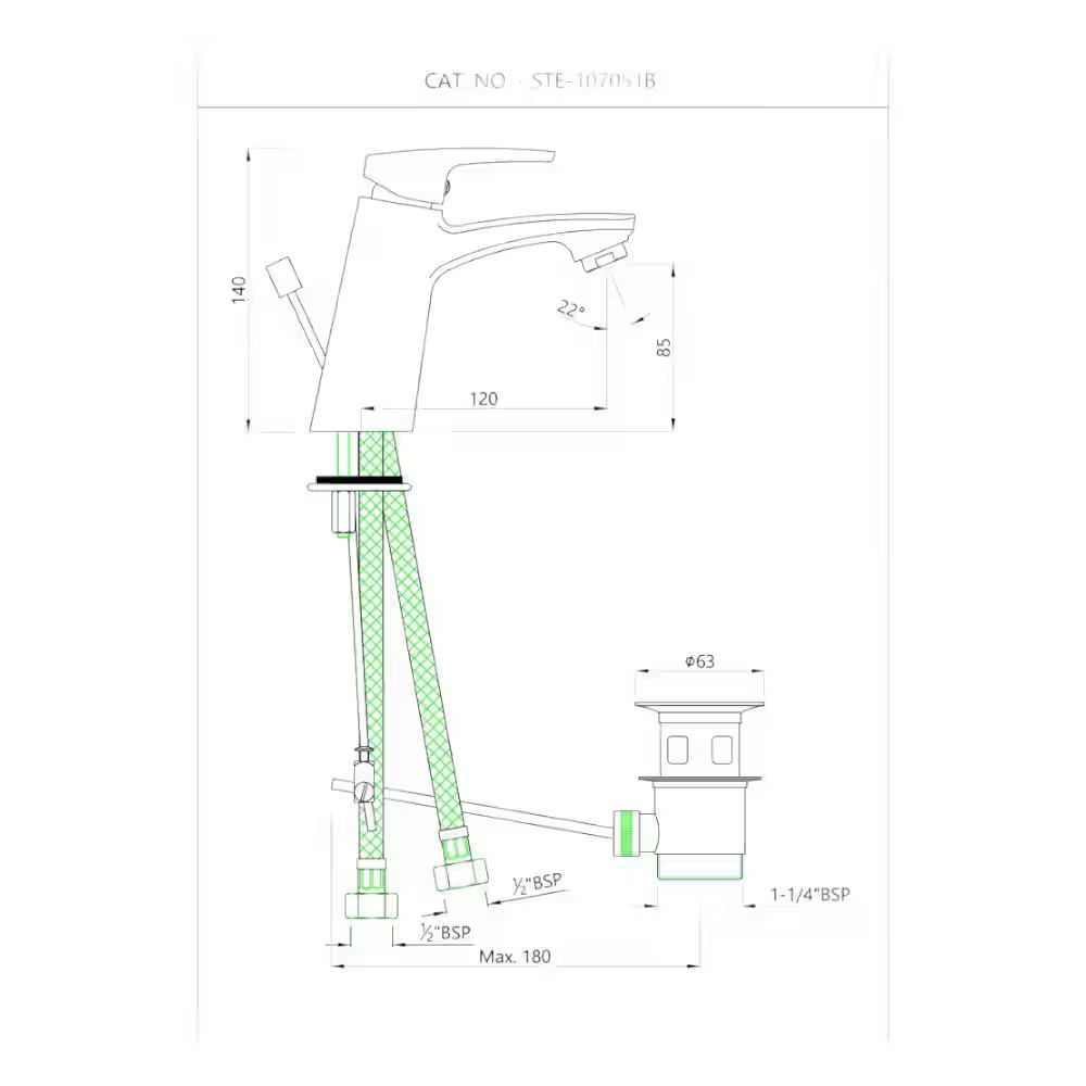 Essco Jaquar - 375 mm Long Braided Hoses & Single Lever Basin Mixer with Popup Waste - Chrome - View 2