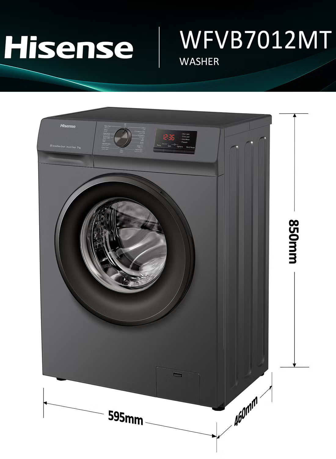 7Kg Front Loading Washing Machine, 1200RPM, 15 Wash Programs, Steam Wash, Quick Wash, Drum Clean, Delay End, Self-Diagnostic fault Finding, 7 kg WFVB7012MT Titanium - View 3