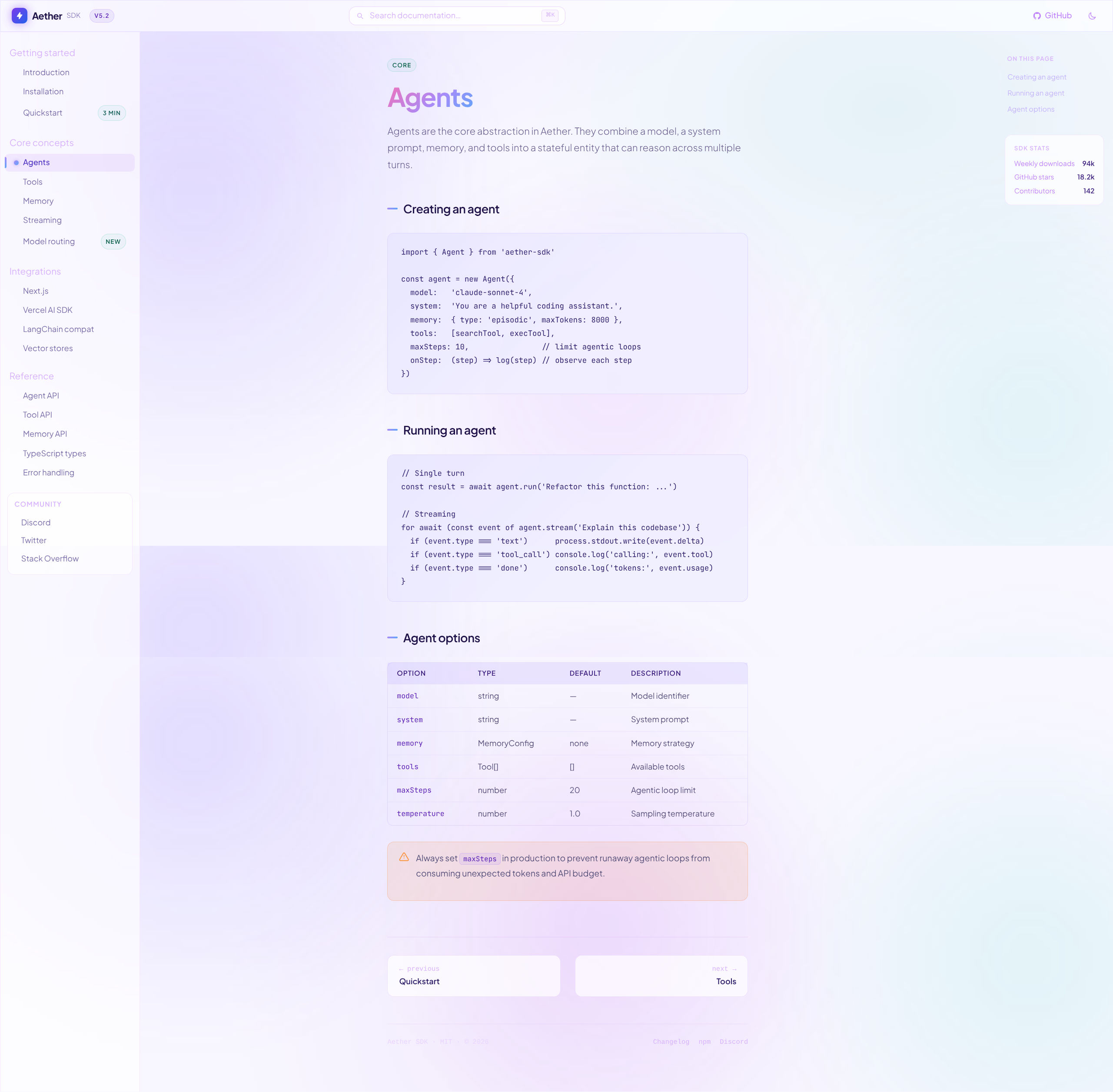 Aether SDK – AI Agents Developer Documentation HTML Template | Tailwind CSS
