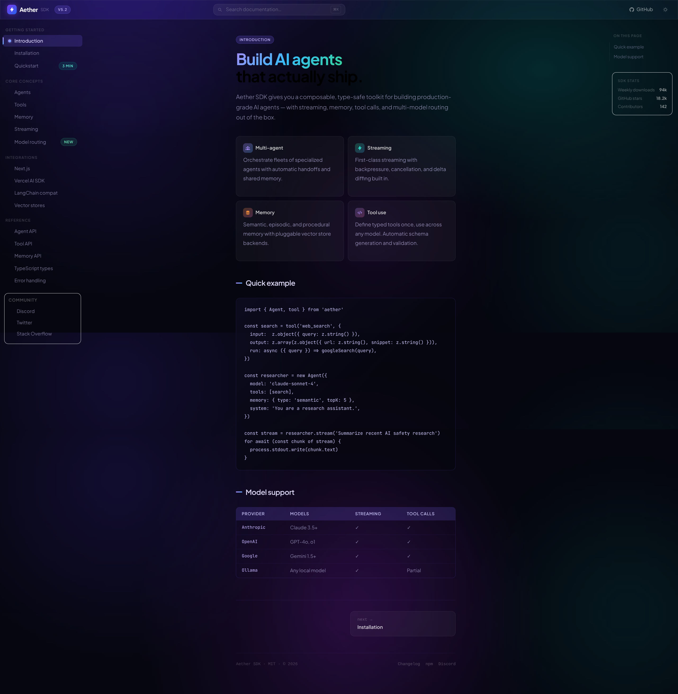 Aether SDK – AI Agents Developer Documentation HTML Template | Tailwind CSS