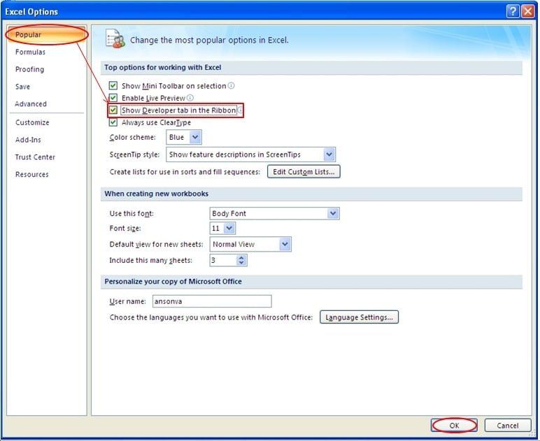 how to enable developer tab in excel 2007