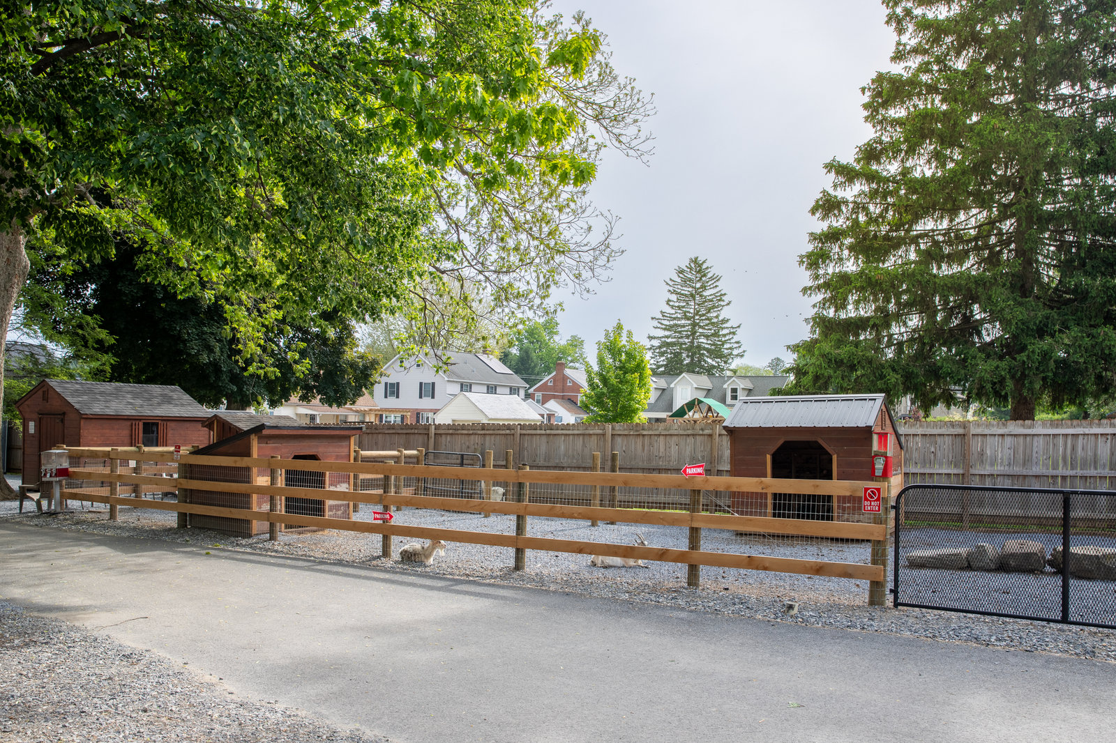 Charming fenced animal area with shaded outdoor space and rustic appeal