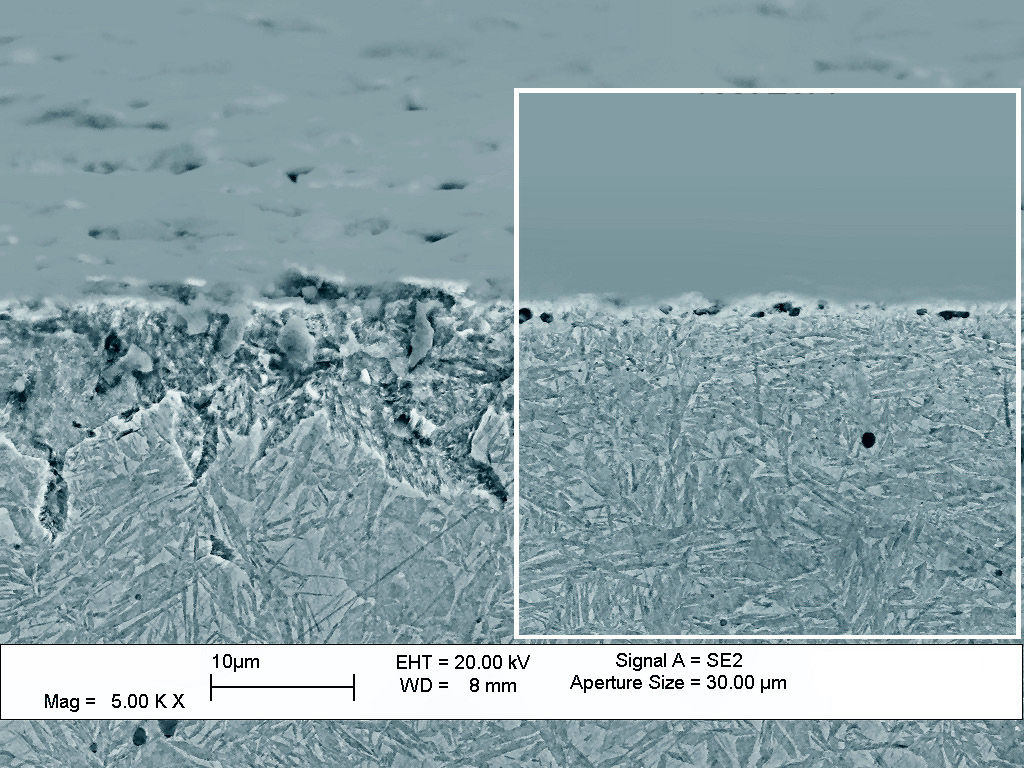Figure 2—Surface appearance in 16MnCr5 and 158Q subjected to the same gas carburizing process.