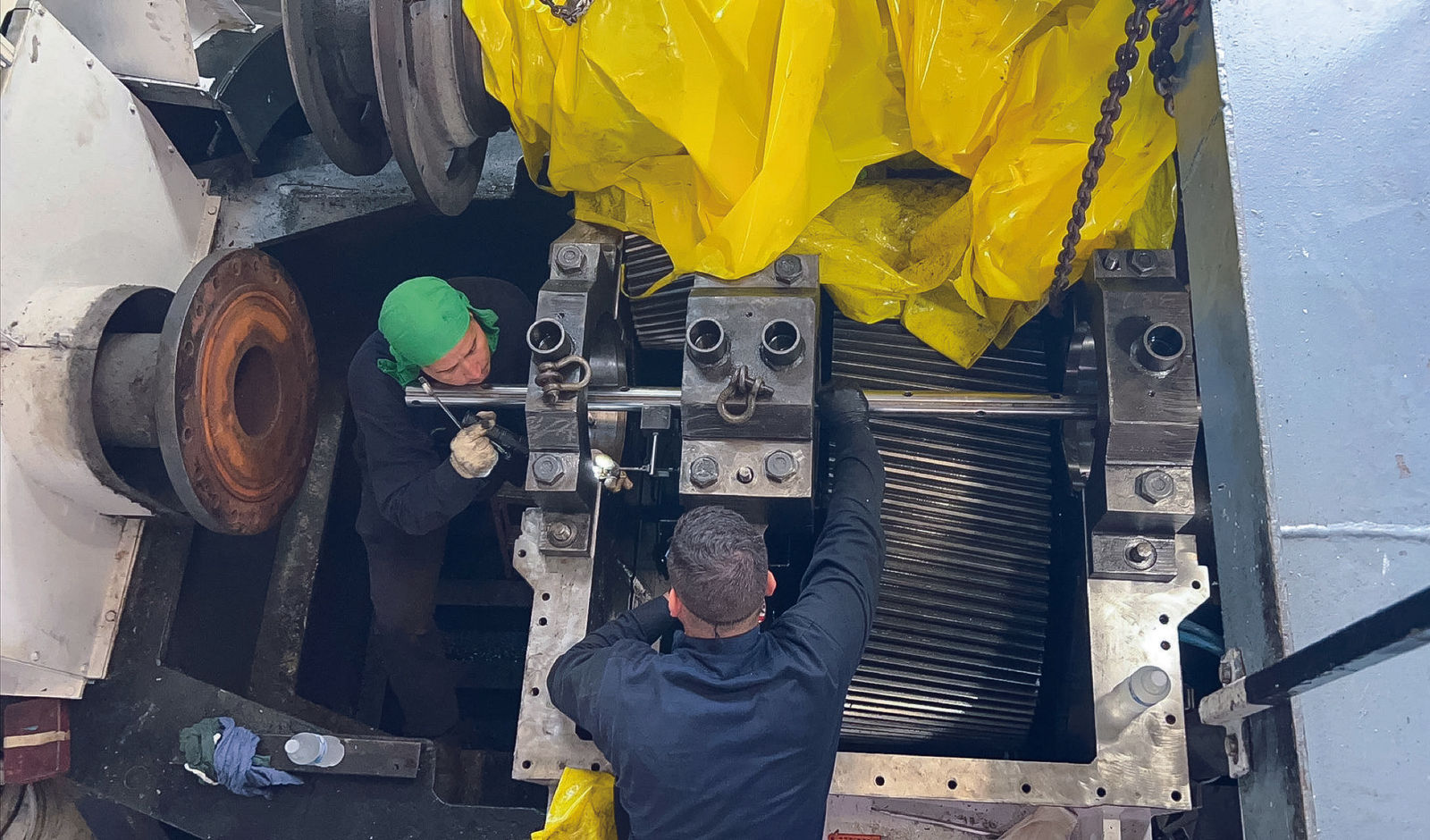 Final alignment touches to a reworked marine transmission.