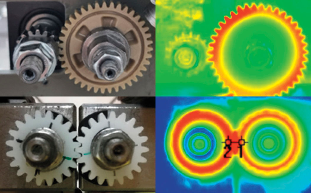 Figure 3—a) Thermal image of a Steel/Plastic gear pair during operation, b) Thermal image of a Plastic/Plastic gear pair.