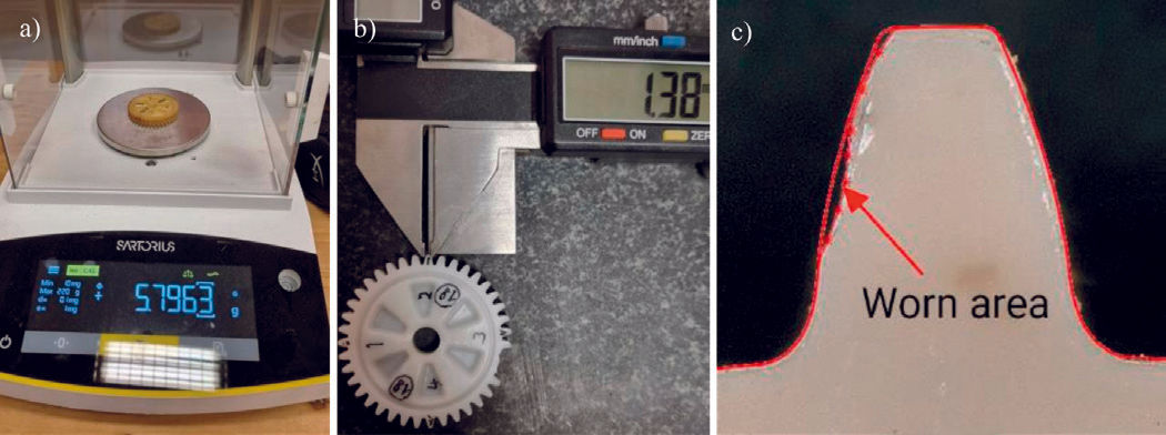 Figure 16—Wear measuring techniques: a) gravimetric method, b) tooth thickness reduction method, c) image processing method.