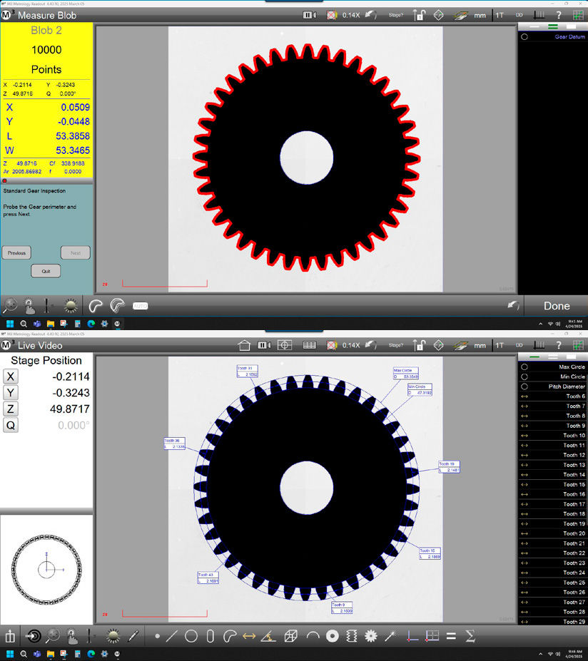 Captured inspection data from over 10,000 points enables comprehensive gear analysis. M3 Gear Module software evaluates key parameters such as tooth width, phi angles, and diameter tolerances with visualized results for fast decision-making. (Courtesy of Starrett Metrology Systems Division.)