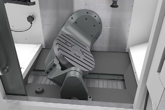 The trunnion provides +120 and -35 degrees of tilt and 360 degrees of rotation to provide excellent tool clearance and large part capacity. (Image: Haas)