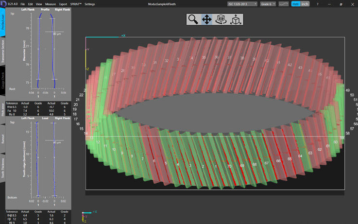Figure 2—A function has been added to GPS to generate G-Code for gear teeth (top). The DOMMS software (bottom) for evaluating gear measurements on inspection devices includes traditional and modern evaluation displays and can be used with 5-Axis CNC Machine production.