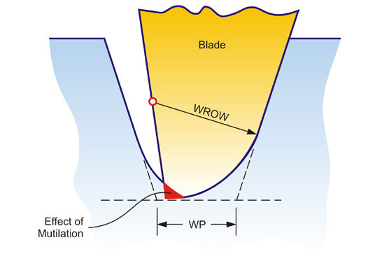 Figure 3—Sharp blade clearance corner causing mutilation.