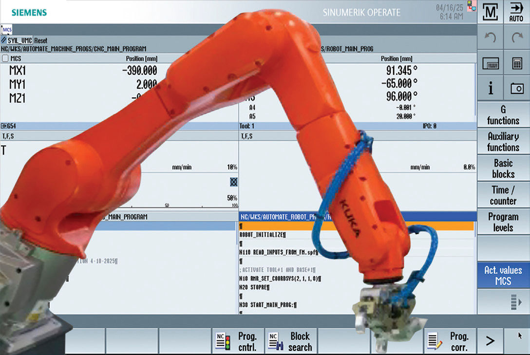 Figure 1—Displayed here are the Syil machine tool and Kuka robot interacting, with all motions run on the Sinumerik RunMyRobot/Handling application directly in the control. (All images: Siemens)