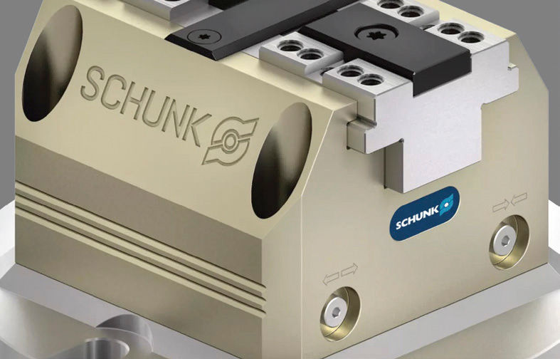 Figure 3—The SYIL R1 automation package includes a standard pneumatic clamping force block and an optional dual gripper, used when the finished part is a different shape from the blank.