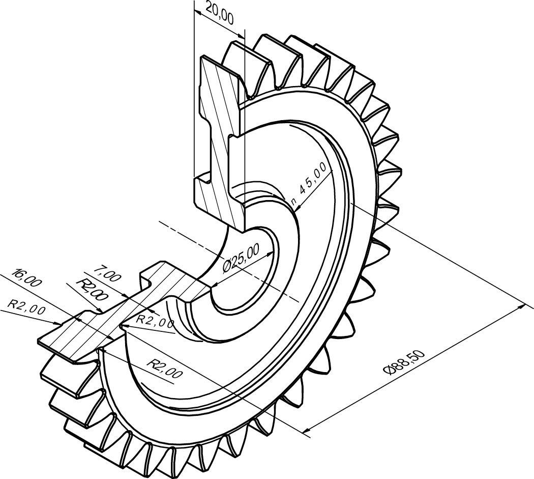 Figure 1—Isometric section of the specimen with some dimensions highlighted.