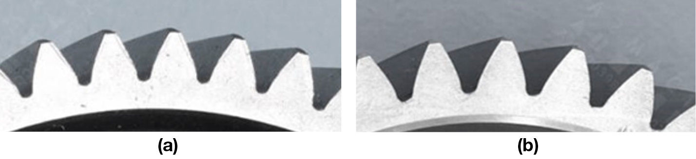 Figure 7—Experimental gears; (a)—with symmetric teeth, (b)—with symmetric teeth.