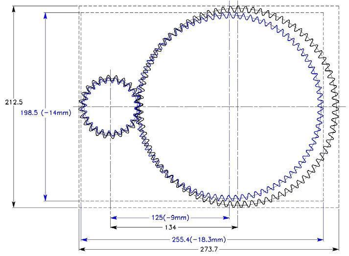 Figure 8—Overlay of symmetric (black) and reduced asymmetric (blue) gear stages.