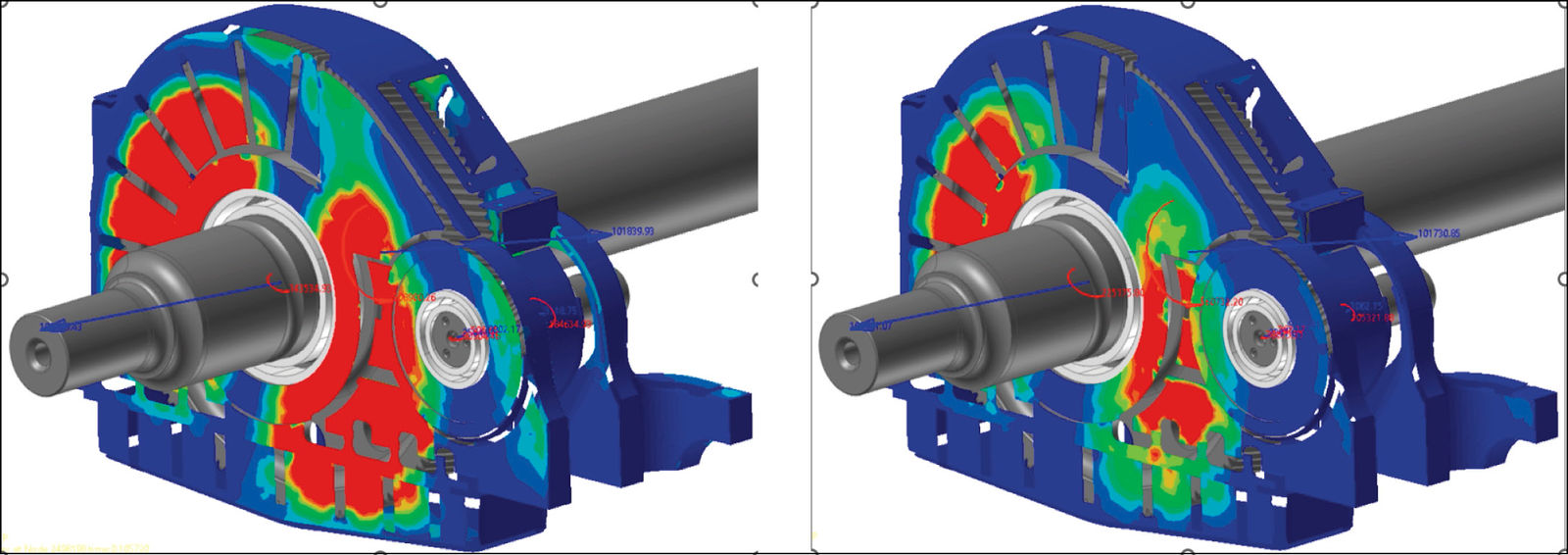 Figure 13—Left: Housing equivalent radiated power for reference gear macro and micro geometry. Right: Housing equivalent radiated power for optimized gear macro and micro geometry. In both cases, no waviness.