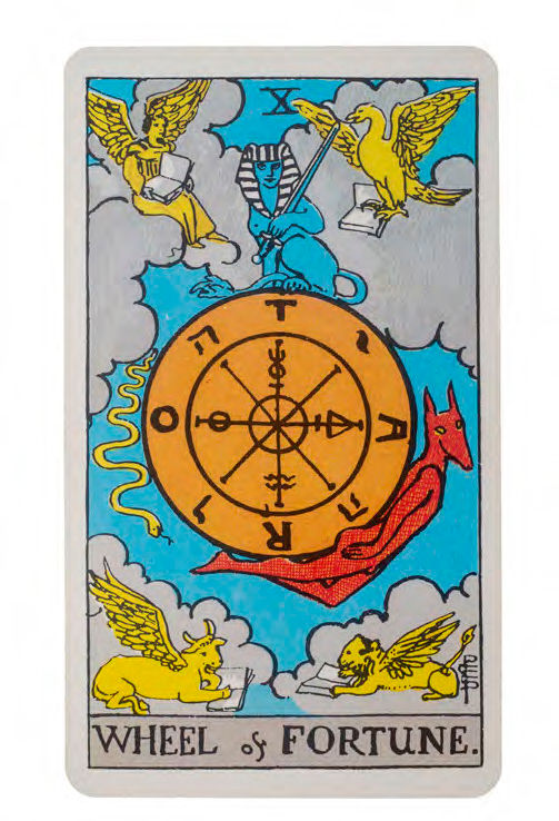 Caption: The Wheel of Fortune, from the 1909 Rider-Waite tarot deck. In a reading, it means change is coming, and the only thing to do is wait and see which way the wheel turns.