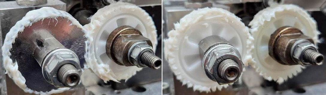 Figure 5—Grease applied on the gear pair before the tests in grease-lubricated conditions. (Left: Steel—POM gear pair; Right: POM—PA66 gear pair.)