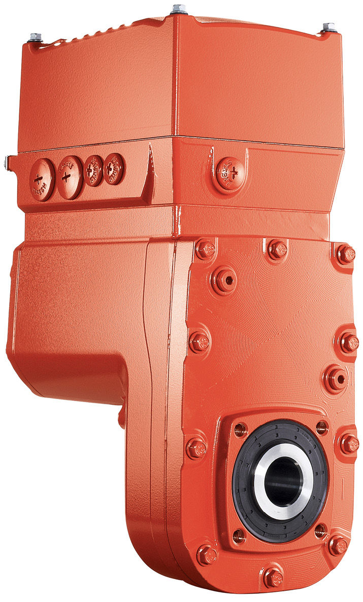 A highly efficient electronic gearmotor integrating a motor, a helical-bevel gearbox, and a VFD.