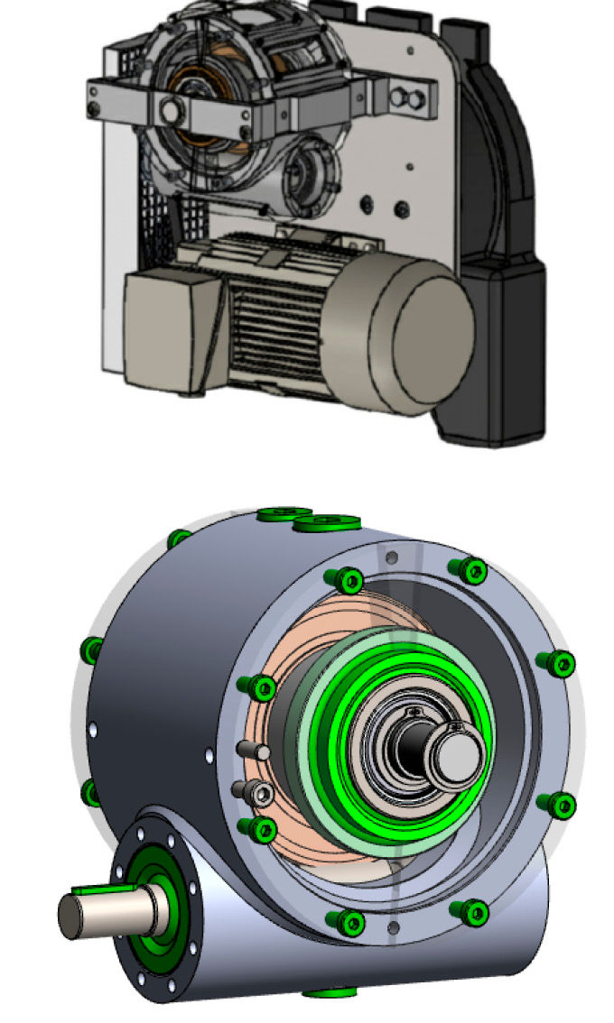 Figure 9—Mounted test bench setup (top) and partly transparent worm gearbox (bottom) (Ref. 19).