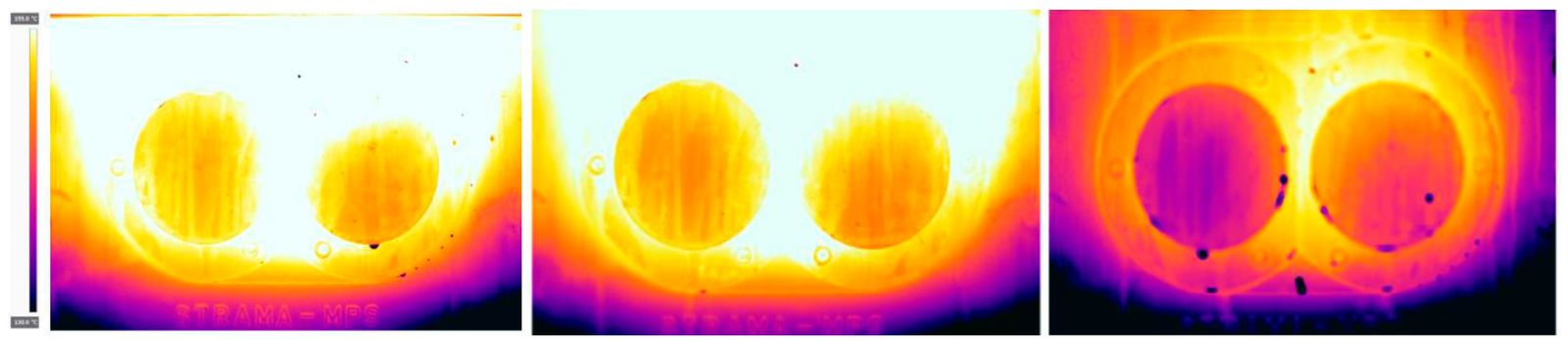 Figure 10—Thermal images of mineral OGL (left), PAO OGL (middle), and UPP OGL (right) at FZG load stage 12.