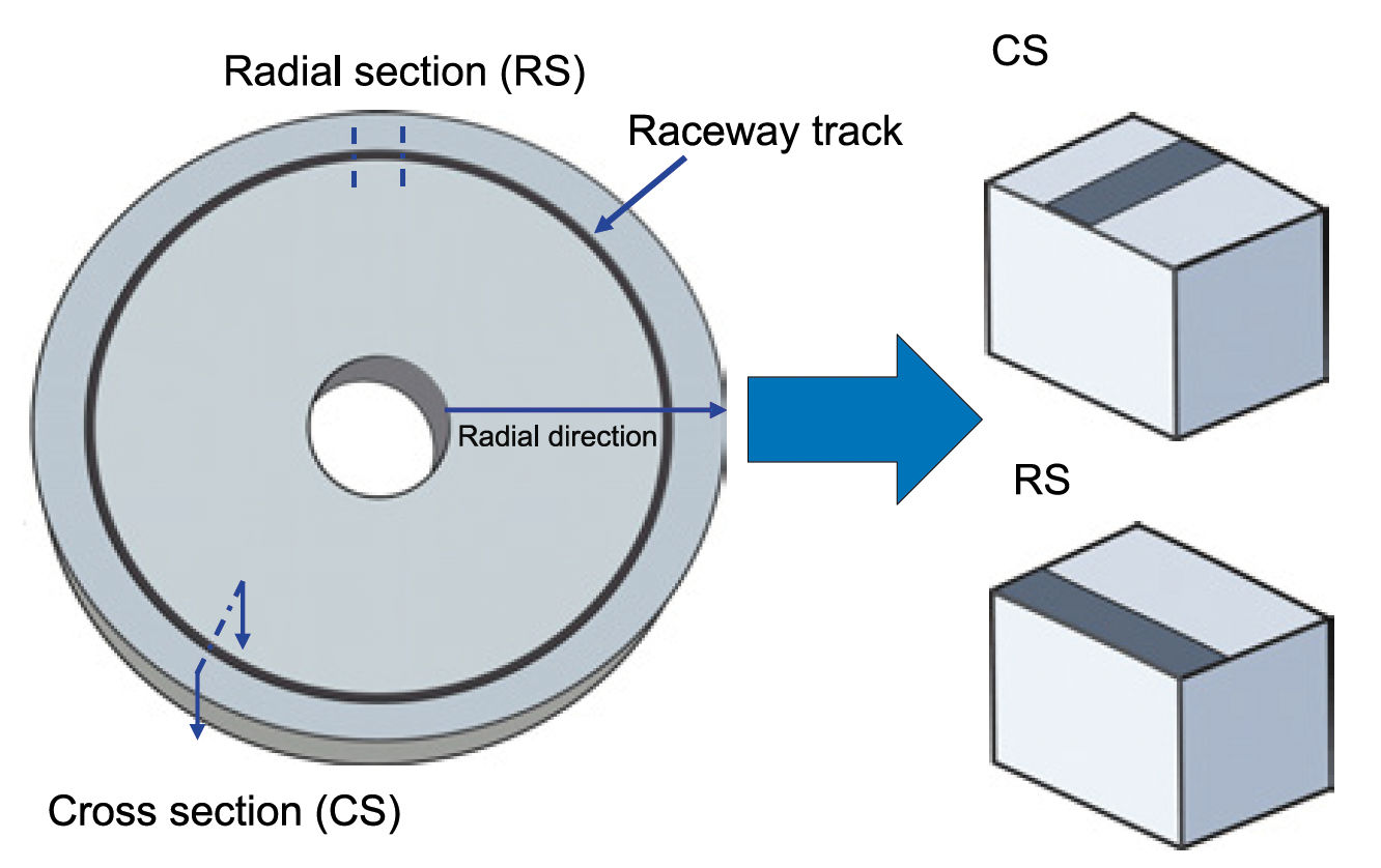 Figure 2—The circular contact track formed after the RCF test is shown as a dark grey line. The red line and arrow indicate the circumferential and radial sections before cutting. The extracted circumferential and radial section samples with the contact track are also shown.