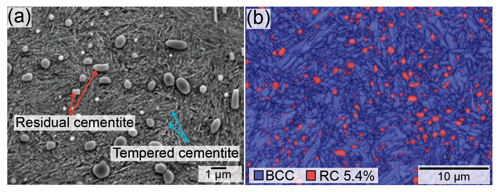 Figure 4—52100 virgin material. (a) SEM/SE micrograph showing tempered cementite and RC. (b) EBSD image quality and phase map overlaid showing martensite in grey (94.6 percent) and RC in red (5.4 percent).