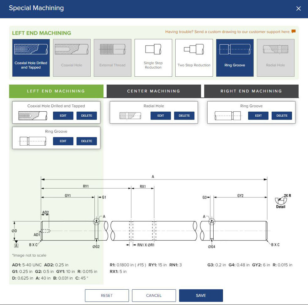 Online resources such as the round rail selector tool from Thomson Industries allow designers to make real-time changes, choose a material, add special machining (pictured), receive a quote and lead time immediately, and purchase their solution, thereby saving them costly time and keeping projects on track.