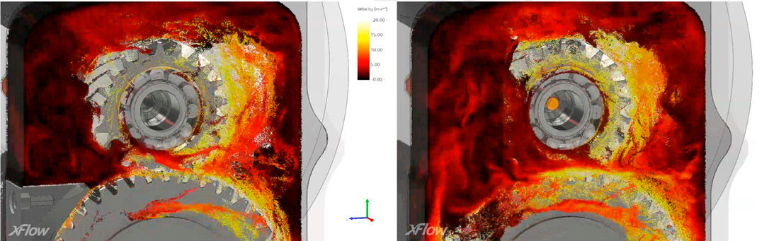 Figure 7—Comparison of the lubricant motion with and without the deflector, zoomed in on the overheating bearing, showing better lubrication without the deflector.