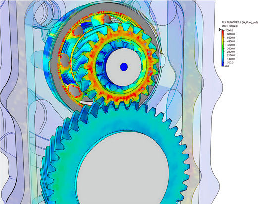 Figure 10—Cut view inside the gearbox showing the convective heat transfer coefficients projected on solid surfaces.