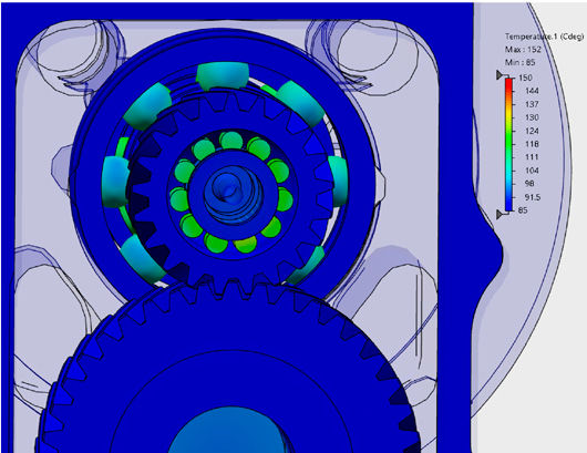 Figure 12—Predicted temperatures without the deflector on and around the problematic bearing.