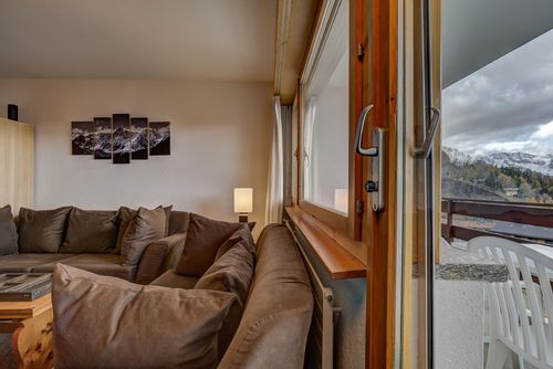 Ferienwohnung Appartement Mont Parrain 14: La Tzoumaz, 4 Vallees, Schweiz. Wohnzimmer und Bergblick