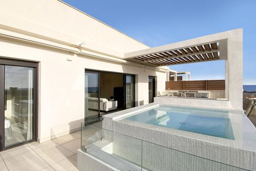 Lotus Jardinana 21 winter Modern and luxurious penthouse with private pool in Mijas Costa, Andalusia, Spain for 6 persons. The house is situated in a resort, in a coastal area, close to a golf course, restaurants and bars, shops and supermarkets, and is 1 km from La Cala de Mijas beach....