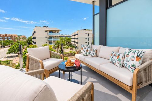 Appartamento Arenal Playa III: Javea, Costa Blanca, Spagna. Balcone / terrazza, Spiaggia, Ristorante e Terrazza coperta