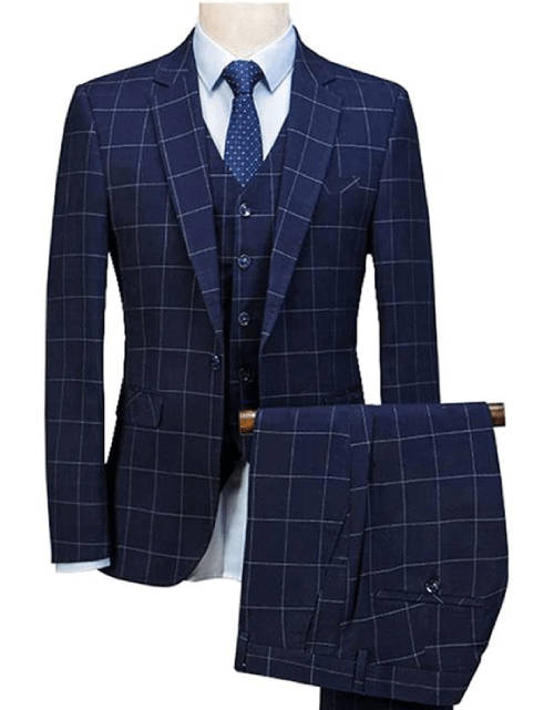 3 piece suit in navy blue check