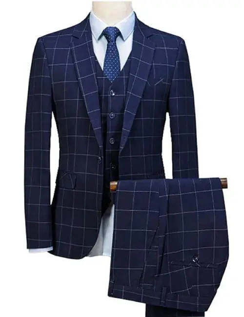 navy blue check three piece suit