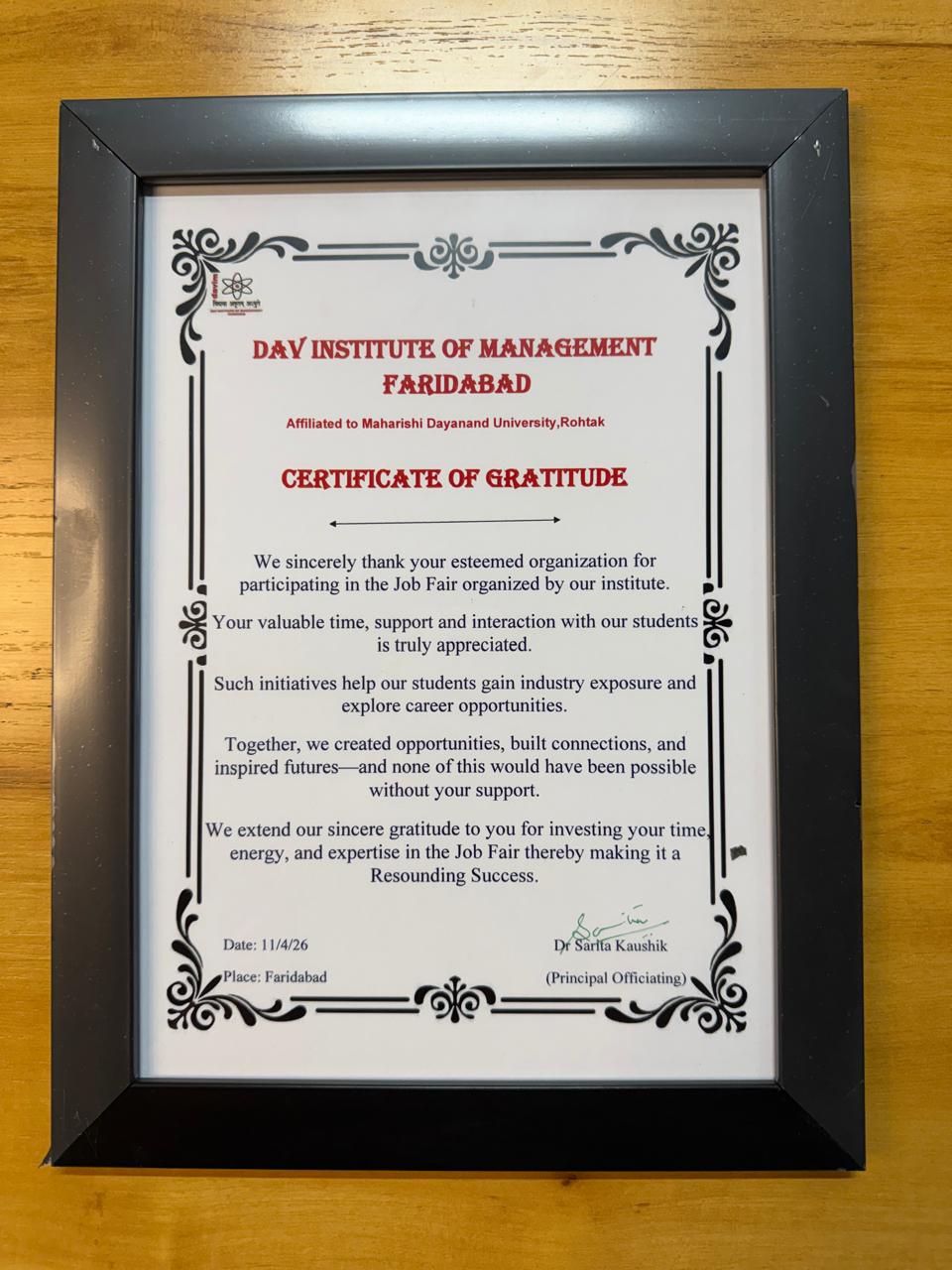 Certificate of Gratitude