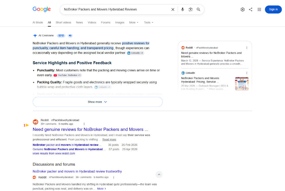 Hyderabad: AI Overview and the #1 Reddit result