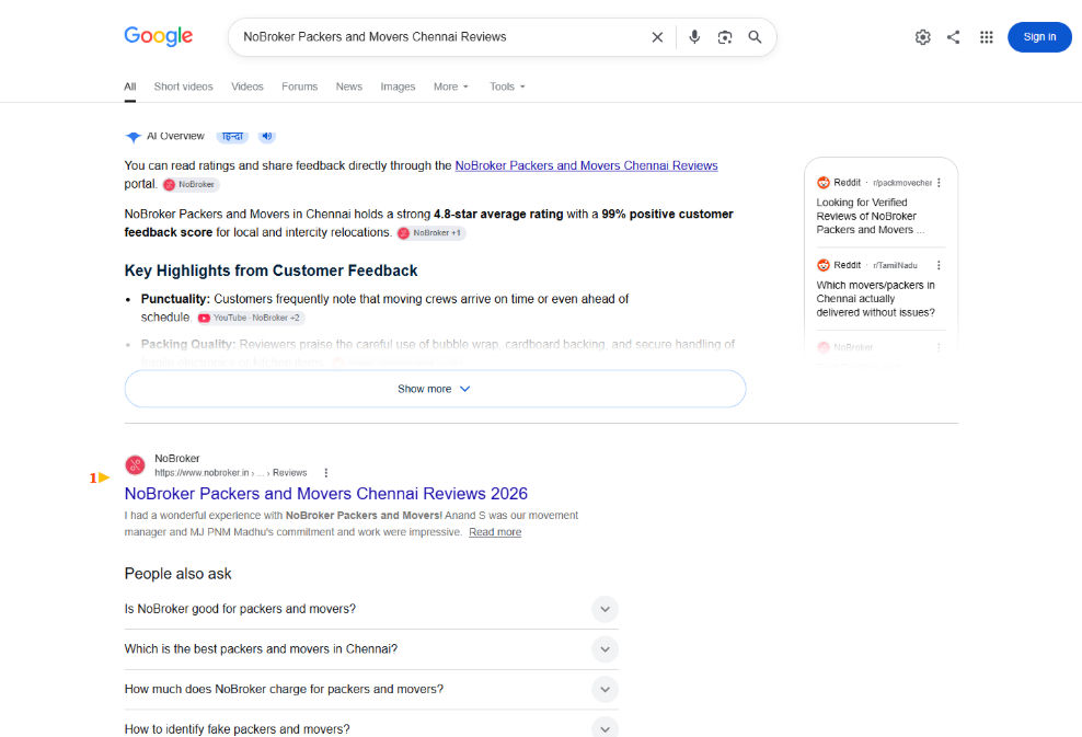 Chennai: AI Overview and the brand's review page at #1