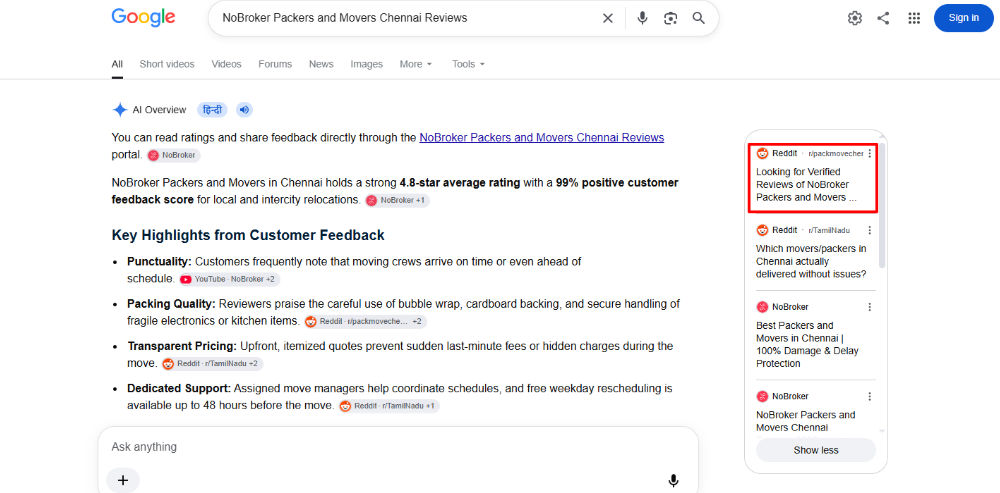 Chennai: AI Overview and the brand's review page at #1