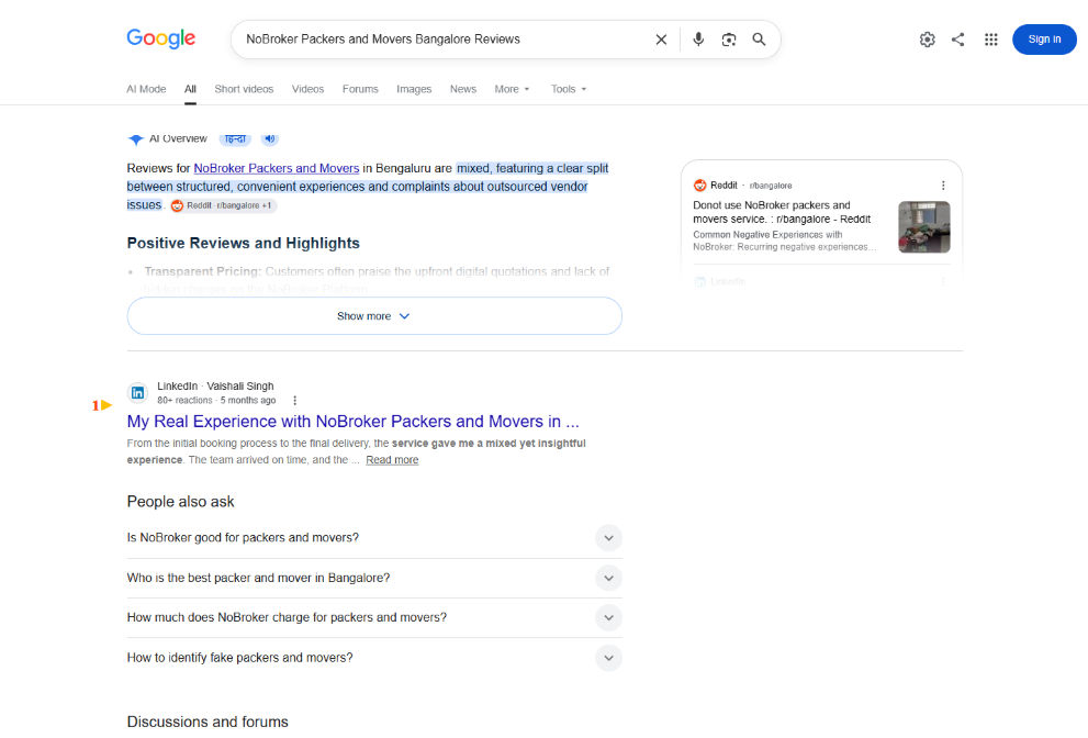 Bangalore: AI Overview and the #1 LinkedIn result