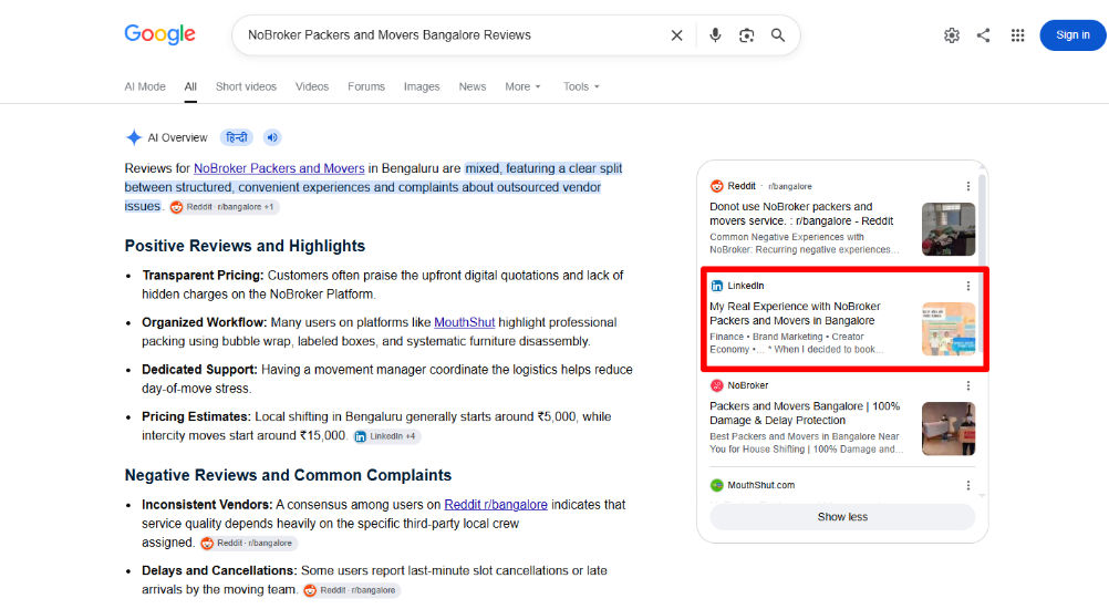 Bangalore: AI Overview and the #1 LinkedIn result