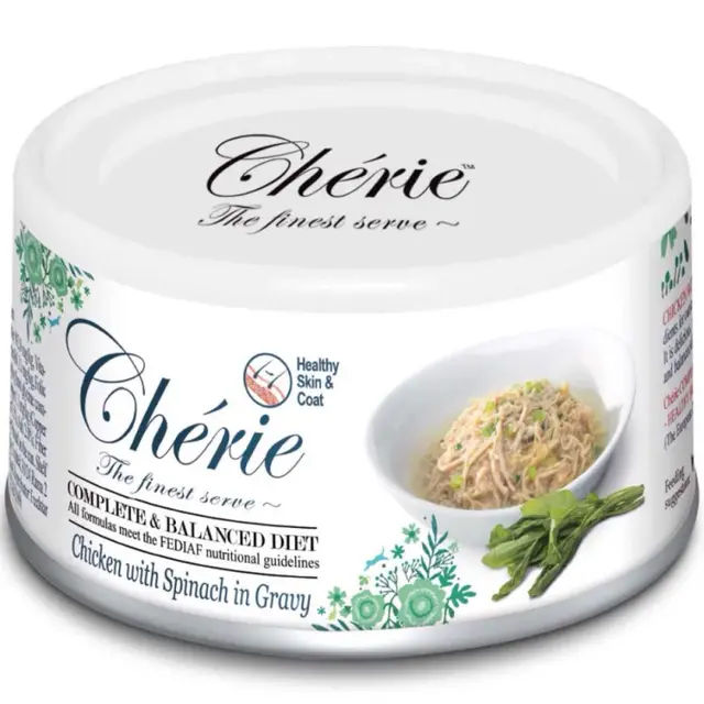 Конс. Cherie 80 г для шкіри та шерсті курка та шпинат в cоусі - фото продукту Фауна