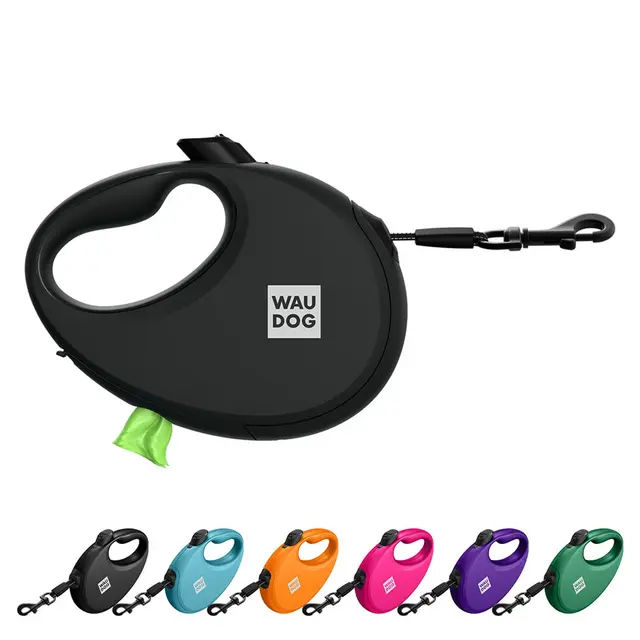 Повідець-рулетка для собак WAUDOG R-leash з контейнером для пакетів, світловідбивна стрічка, М, до 20 кг, 5 м, чорний - фото продукту Фауна
